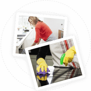 Women cleaning kitchen surfaces actively