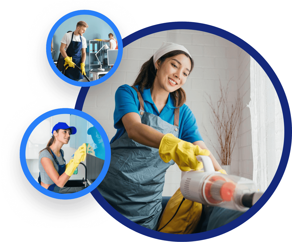 three circles with a picture of deep cleaning techs doing different tasks