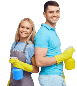 Two people cleaning with spray bottles.